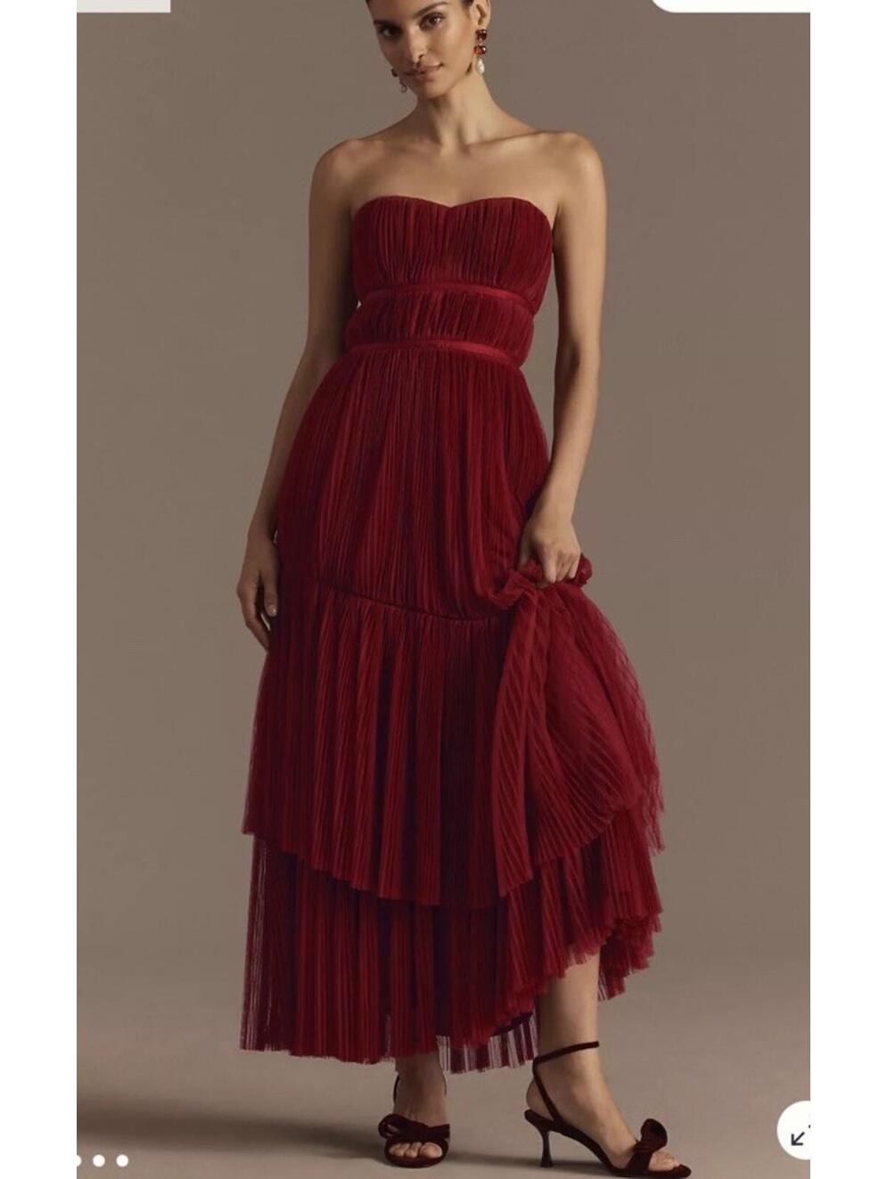 Nwt Hutch Anthropologie Renza Tiered Tulle Gown In Burgundy Wine. Retail $396